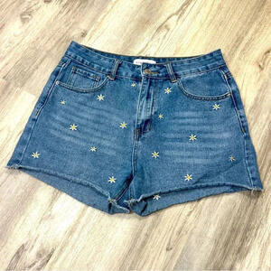 Khaki+Blue Cottagecore All Over Embroidered Dainty Daisy  Raw-hem Denim Shorts